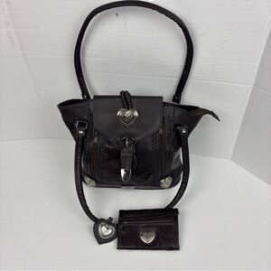 Women’s Purse Brown Faux Leather Matching Wallet Key Chain Metal Heart Shoulder